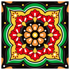 Single Mexican talavera style tile vectro design, vibrant seamless pattern with flowers

