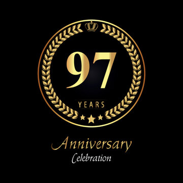 97th anniversary logo with golden laurel wreaths, gold crown, and gold star isolated on black background. Premium design for happy birthday, weddings, greetings card, poster, graduation, ceremony.