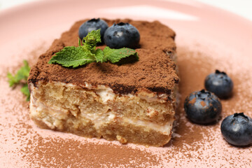 Concept of sweet food, Tiramisu cake, close up
