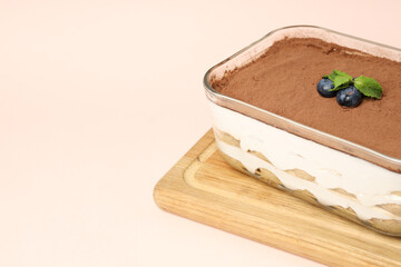Concept of sweet food, Tiramisu cake, space for text