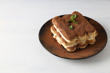 Concept of sweet food, Tiramisu cake, space for text
