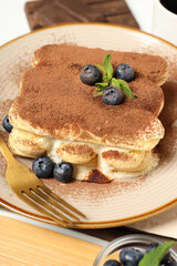 Concept of sweet food, Tiramisu cake, close up