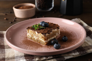 Concept of sweet food, Tiramisu cake, close up