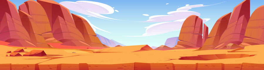 Fototapeta na wymiar Desert landscape, Arizona or Africa nature with dry ground cross section view and mountains. Cartoon panoramic background, game location with rocks under blue sky with clouds, Vector illustration