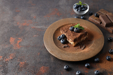 Concept of sweet food, Tiramisu cake, space for text