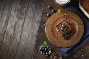 Concept of sweet food, Tiramisu cake, space for text