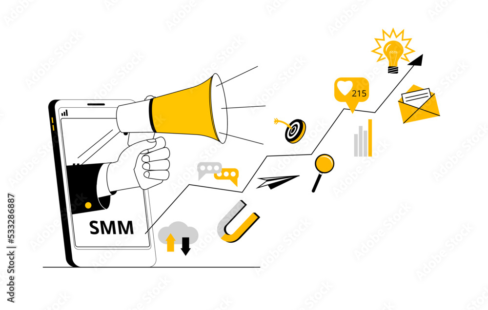 Aufkleber a mobile phone with a hand sticking out of it with a megaphone and an arrow with elements of social 