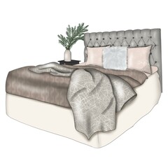 Bed Isolated On A White Background Hand Drawn Illustration	
