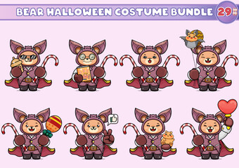 A bundle of illustrations of cute bears in vampire bat costumes, holding a cane candy