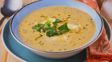 Chicken and vegetable soup garnished with cream and parsley.