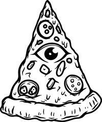 Illustration of pizza slice with eye. Design element for poster, card, banner, emblem, sign. Vector illustration