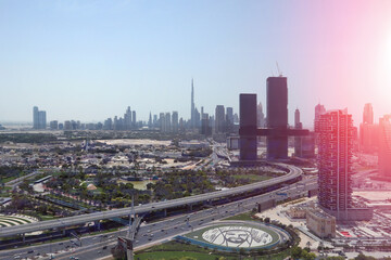 Dubai, United Arab Emirates - 01.05.2022 : View of the skyline of Dubai and the Burj Khalifa tower from The Frame building