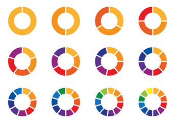 Pie charts diagrams. Set of different color circles isolated. Infographic element round shape. Circle segments set. Various number of sectors divide the circle on equal parts. Pie chart set. Diagram