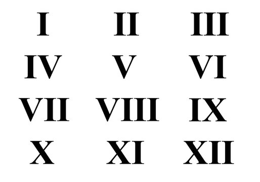 Set of roman numerals isolated on white background. Numbers from one to twelve. Set of roman numbers for watches isolated on a white background