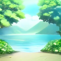 Fototapeta na wymiar tropical island 2D anime Background 