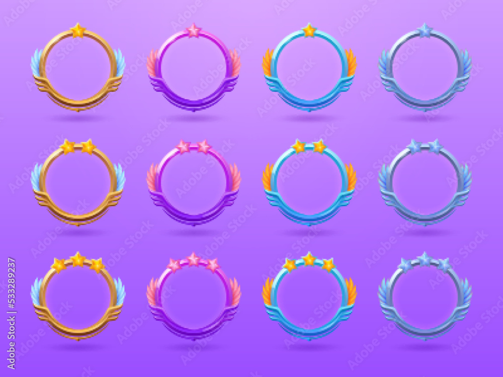 Poster round ui game avatar frames, fantasy empty borders with level stars and wings. cartoon yellow, blue 