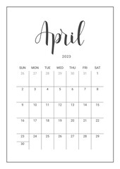 Vector Calendar Planner for April 2023. Handwritten lettering. Week Starts Sunday. Stationery Design for Printable.
