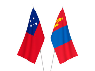 National fabric flags of Mongolia and Independent State of Samoa isolated on white background. 3d rendering illustration.