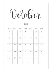 Vector Calendar Planner for October 2023. Handwritten lettering. Week Starts Sunday. Stationery Design for Printable.