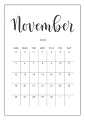 Vector Calendar Planner for November 2023. Handwritten lettering. Week Starts Sunday. Stationery Design for Printable.