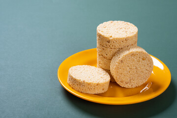 angle view crisp rice cakes on a dish