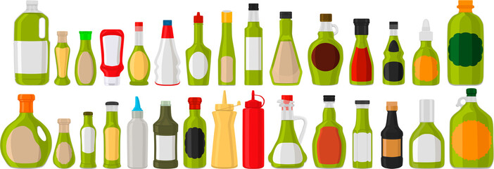 big kit varied glass bottles filled thick sauce wasabi