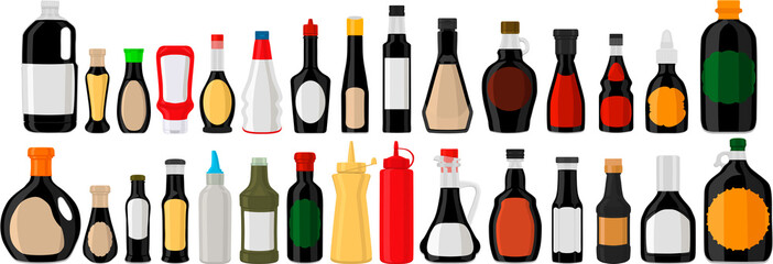 big kit varied glass bottles filled liquid balsamic vinegar