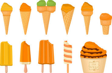 big kit ice cream popsicle different types in cone waffle cup