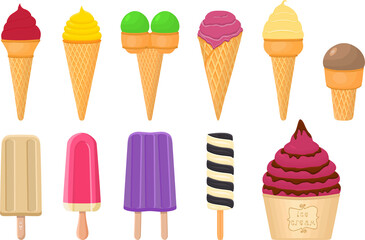 big kit ice cream popsicle different types in cone waffle cup