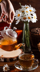 A teapot and a mug of tea on a wooden table and a bouquet of daisies