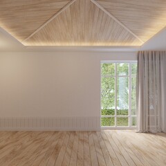 Empty room house interior white tone background and roof wood hidden lights under the ceiling.3d rendering