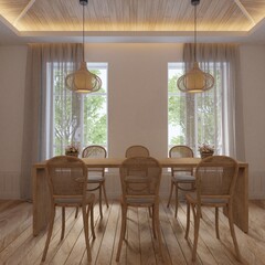 Farmhouse mockup features a bohemian and beige dining room interior, and a wooden roof hides the under-ceiling lights.3d rendering