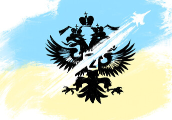 The double-headed eagle, cut in half by an airplane, against the background of the Ukrainian flag