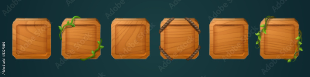 Aufkleber square wooden frames for game user avatar. empty boards from brown wood with jungle vines and ropes,