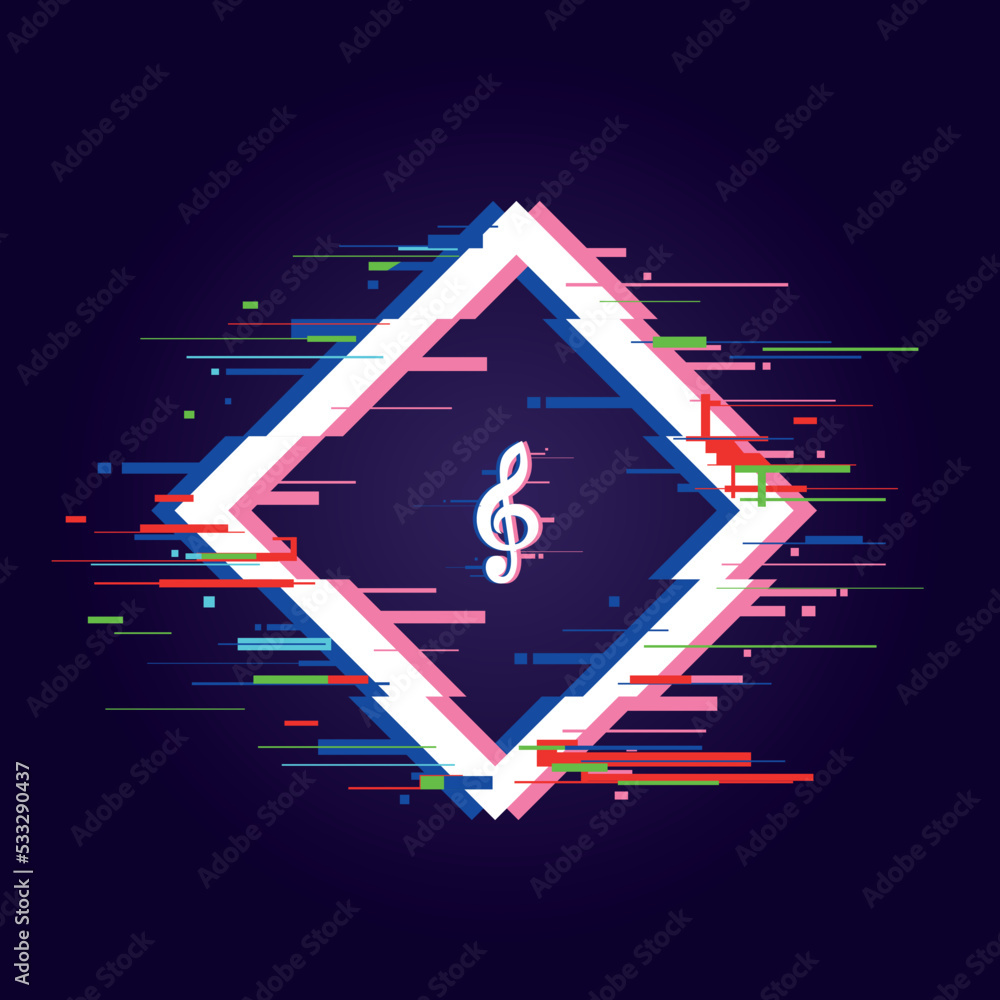Poster music note warning page. glitch effect banner. square dynamic frame design with music note sign