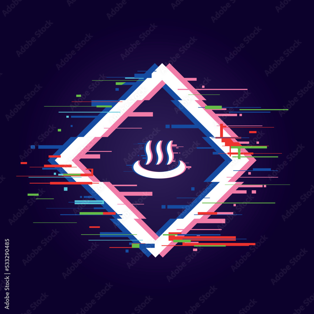 Poster onsen web page. glitch effect banner. square dynamic frame design with onsen sign