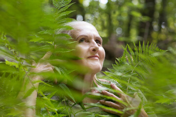 senior woman with a leaf of fern relaxes in the forest. copy space.  spends time in nature in...