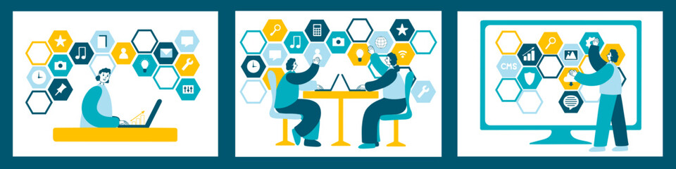 Website architecture abstract concept. Web development, CMS content management system, interface design, software testing, application coding.