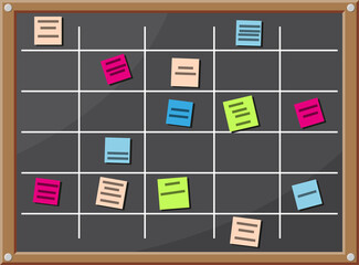 Bulletin board full of tasks on sticky note cards.