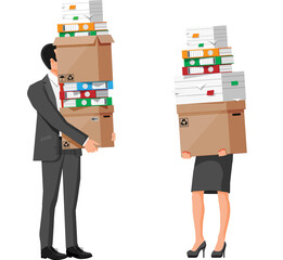 Overworked woman and man with stacks of papers