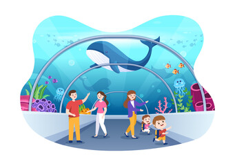 Aquarium Template Hand Drawn Cartoon Flat Illustration with Family and Kids Looking at Underwater Fish, Sea Animals Variety, Marine Flora and Fauna
