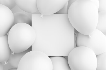 Empty blank white sign or frame surrounded with white air balloons. Background or mockup for celebrations, party, greetings and invitations.