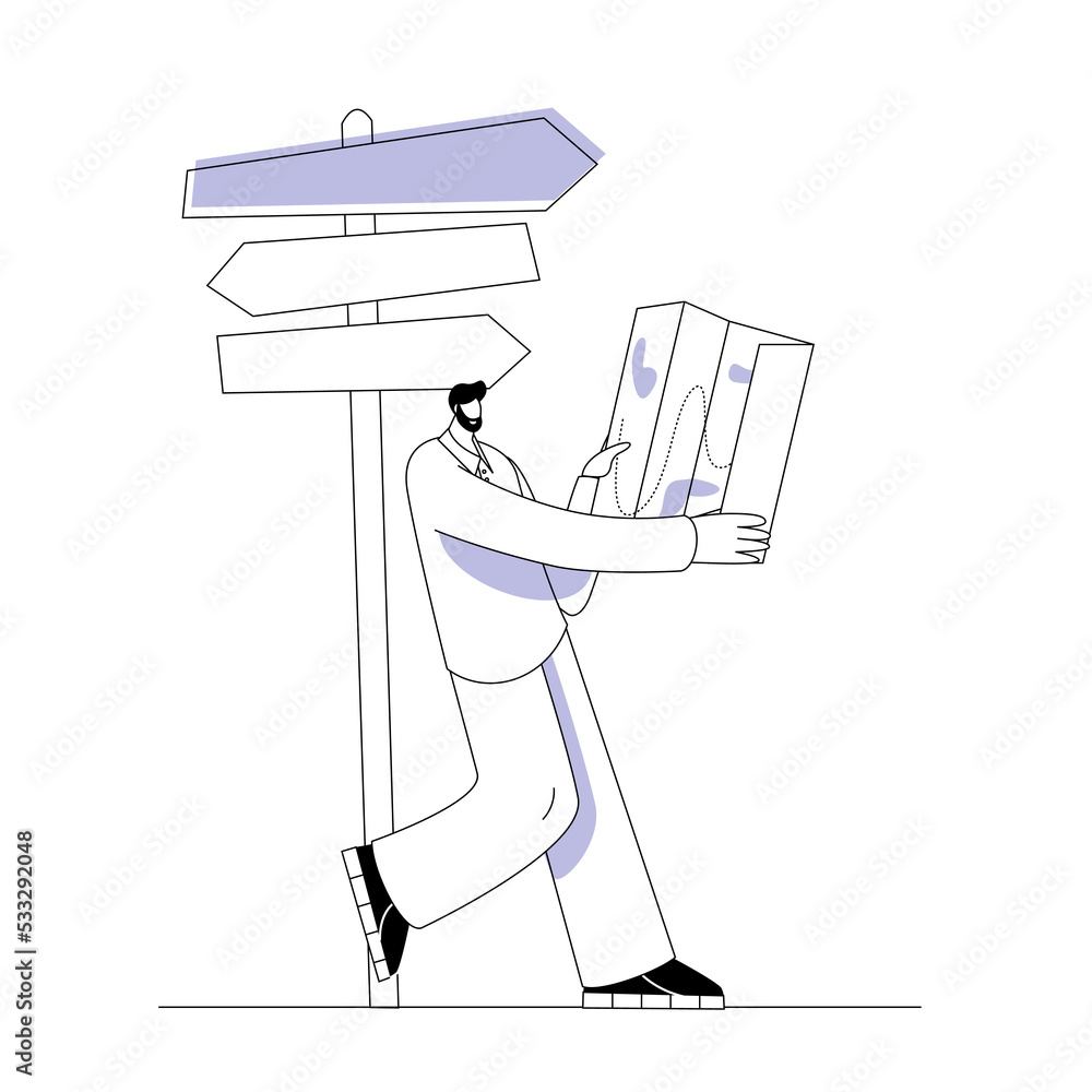Poster a man in casual clothes is looking at a map on the background of a road sign. vector illustration on
