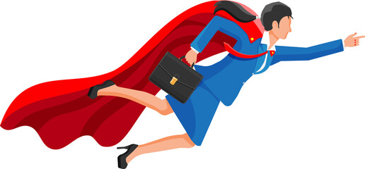 Superhero businesswoman flying in sky.