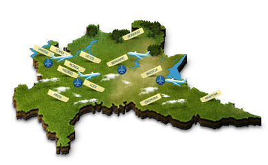 Lombardy (Italy) map, airports and capitals, cartoon style, 3d illustration, 3d rendering