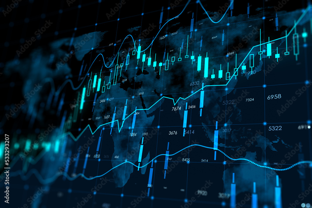 Aufkleber Perspective view on digital screen with glowing financial chart graphs, diagrams and candlestick on dark world map background, global investing concept. 3D rendering