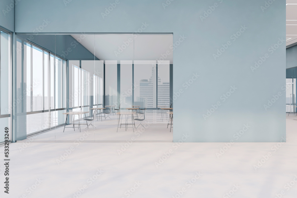 Poster modern spacious blue office interior with empty mock up place on wall, window and city view, furnitu