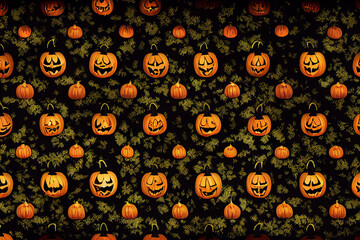 Orange, Green, Red, Yellow, Autumn Pumpkins in Bush Pattern, Halloween Theme, Halloween Pattern Collection 10