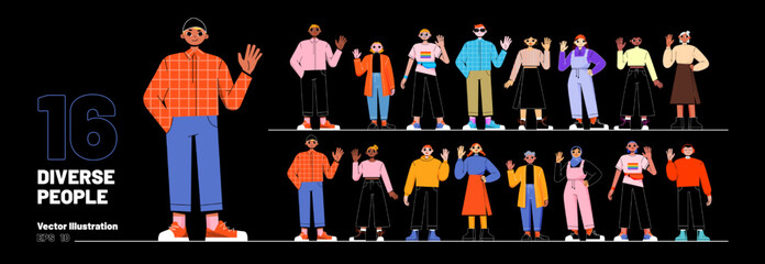 Big set of 16 diverse people isolated on black background. Flat vector illustration of male and female characters of different age, style, occupation, religion, nationality making greeting gesture