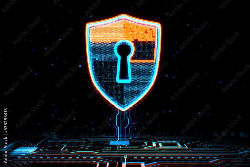 Aufkleber Network protection and cyber security concept with digital shield with keyhole inside connected to circuit inside on abstract dark background. 3D rendering
